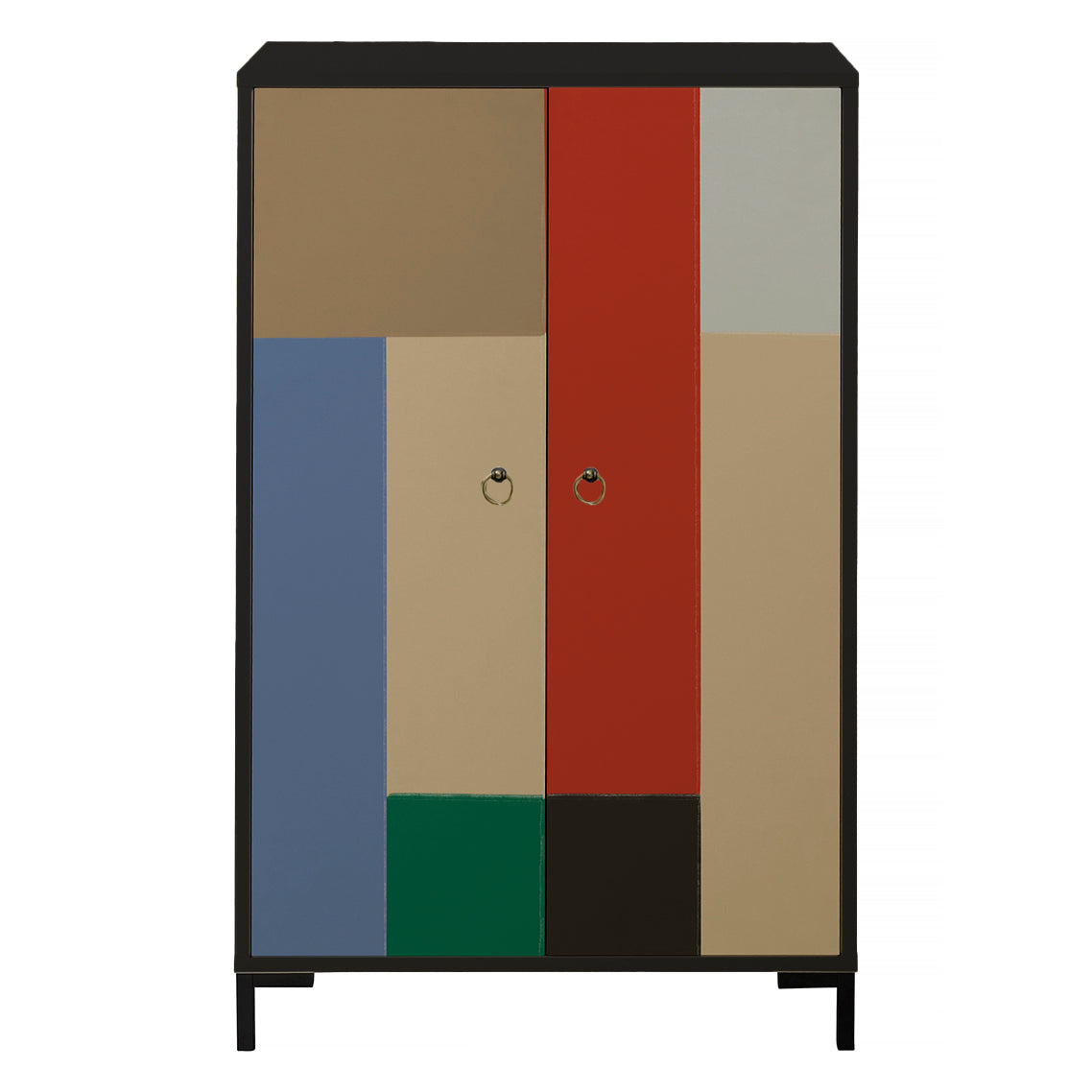 Dressoir van MDF met 2 decoratieve deuren, motief met tegeltjes in beige, blauw en groen