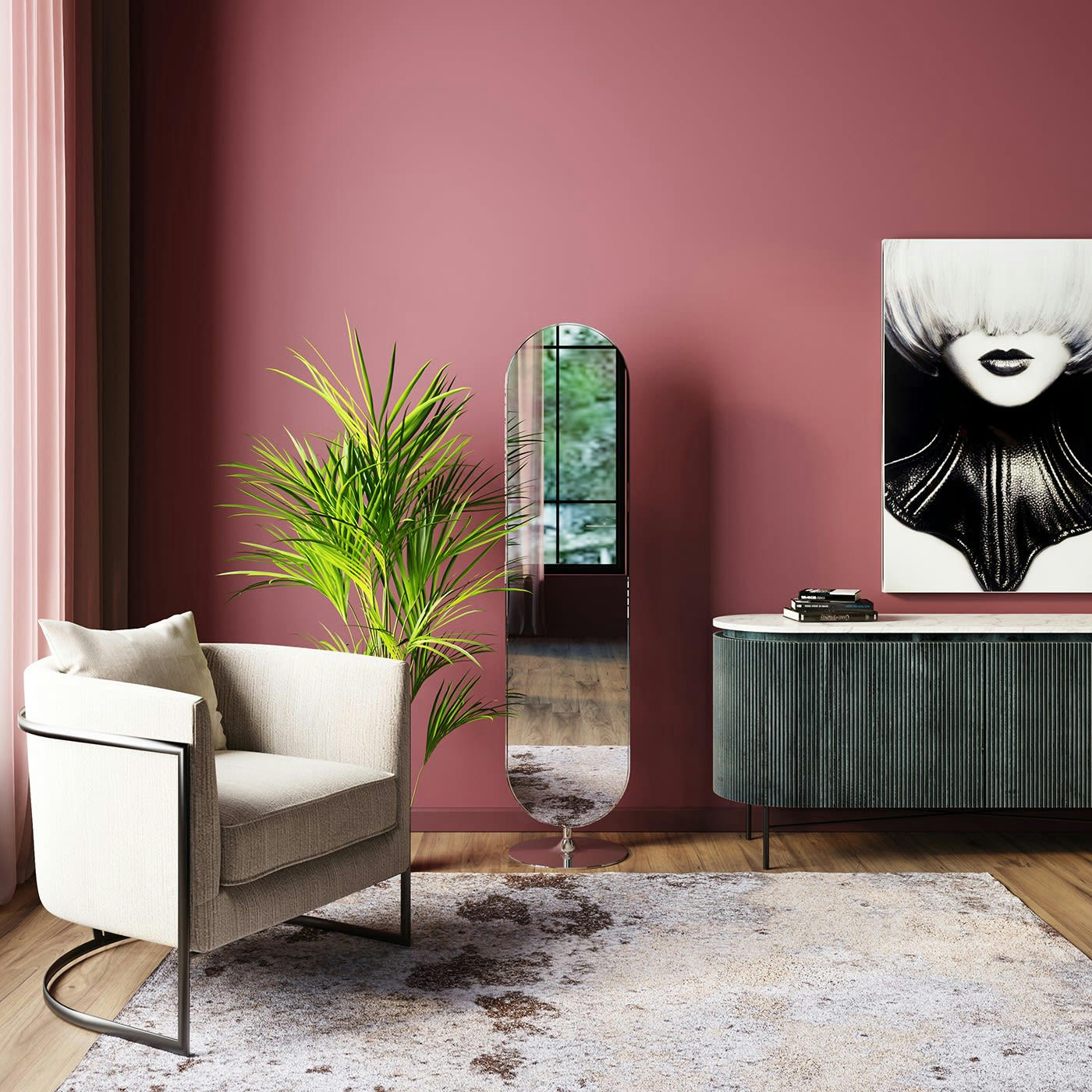 CURVE - Miroir sur pied ovale en métal chromé 170x40