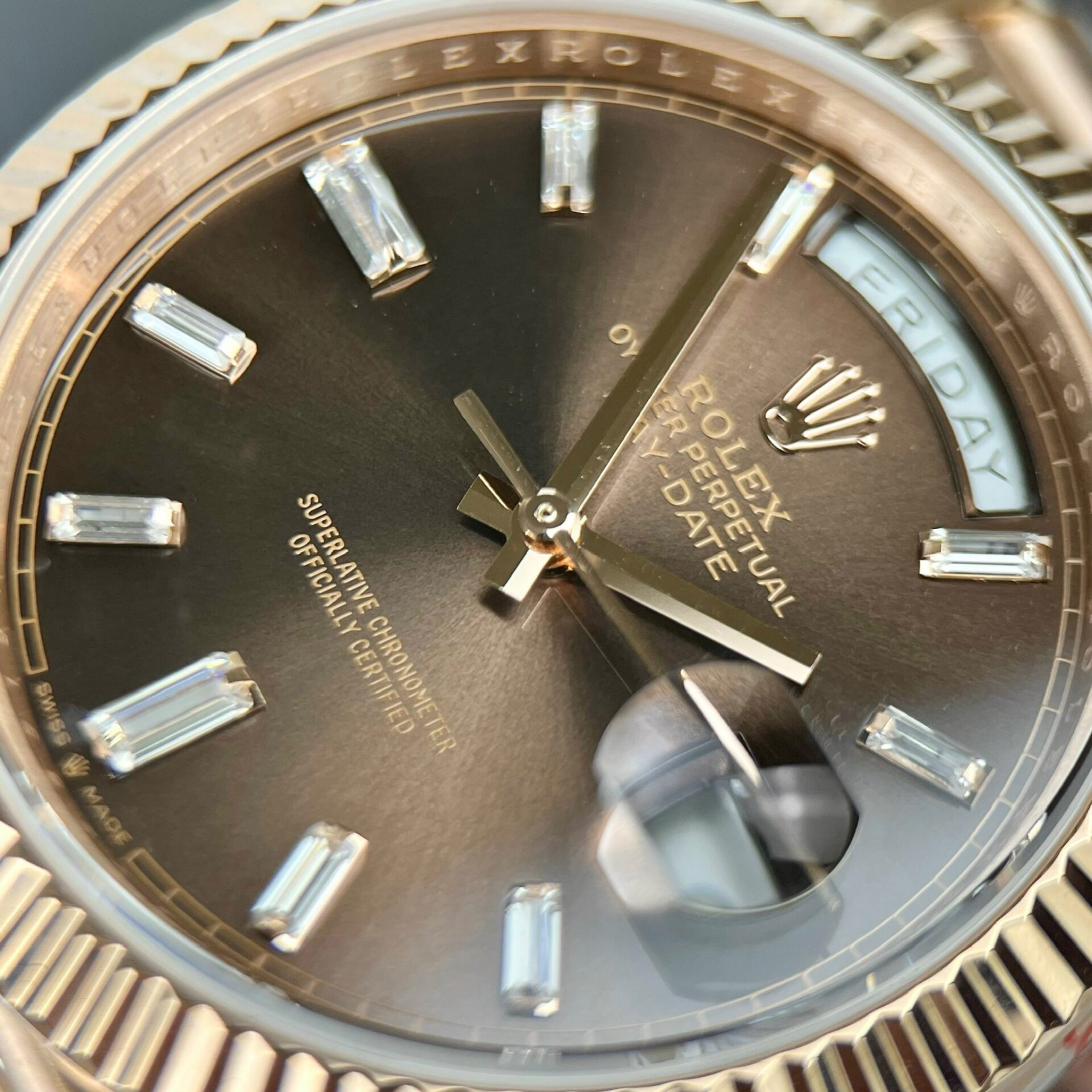 Rolex Day-Date 228235 RG Plated Chocolate Dial CZ Diamonds 40mm Super Clone