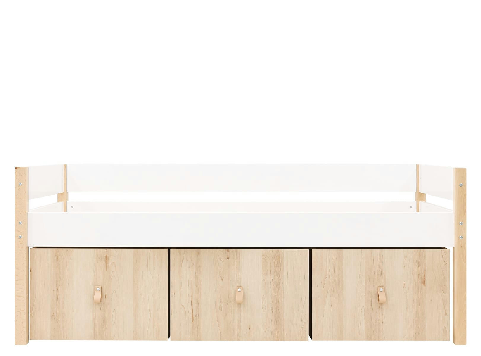 LUCAS - Lit compact 90x200 avec 3 bacs de rangement en MDF et hêtre blanc