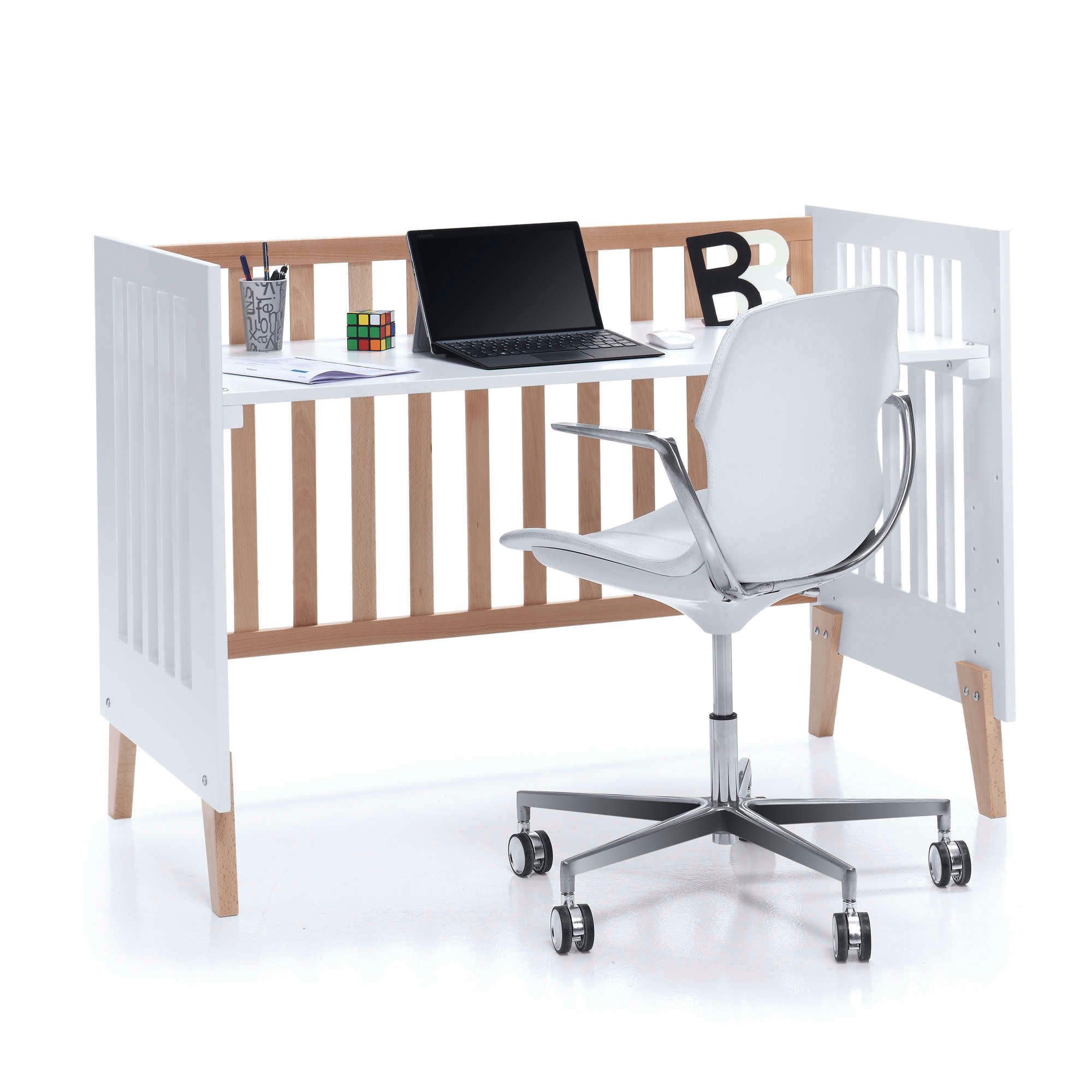 NEXOR - Lit bébé - bureau (2en1) 60x120 cm en blanc