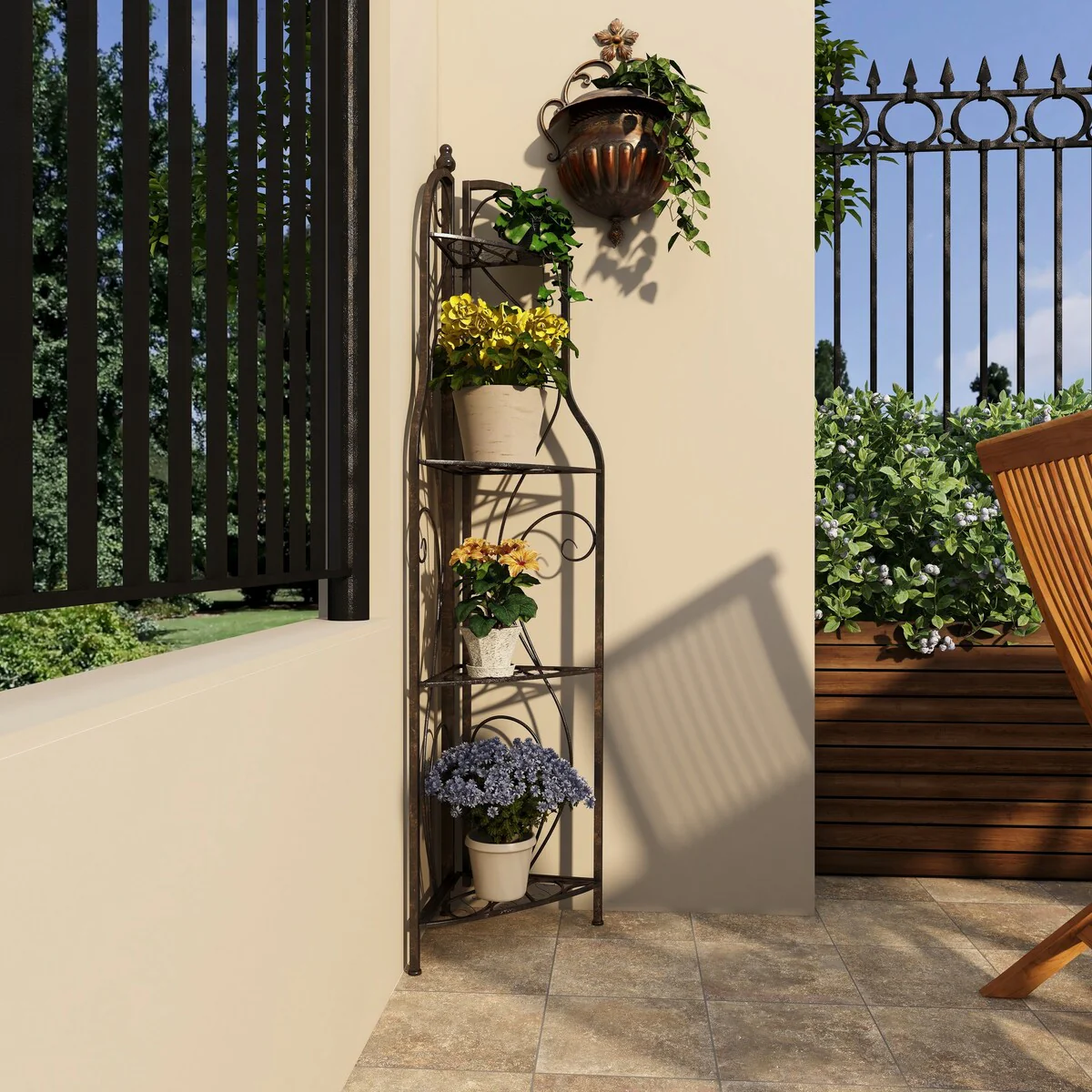 Metal Scroll Indoor Outdoor Arched Tall Folding Corner 4 Shelf Bakers Rack - Black - Roche River Decor