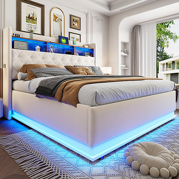 Lit 180x200 cm tapissé beige avec LED multicolore et rangement hydraulique, cadre métal stable