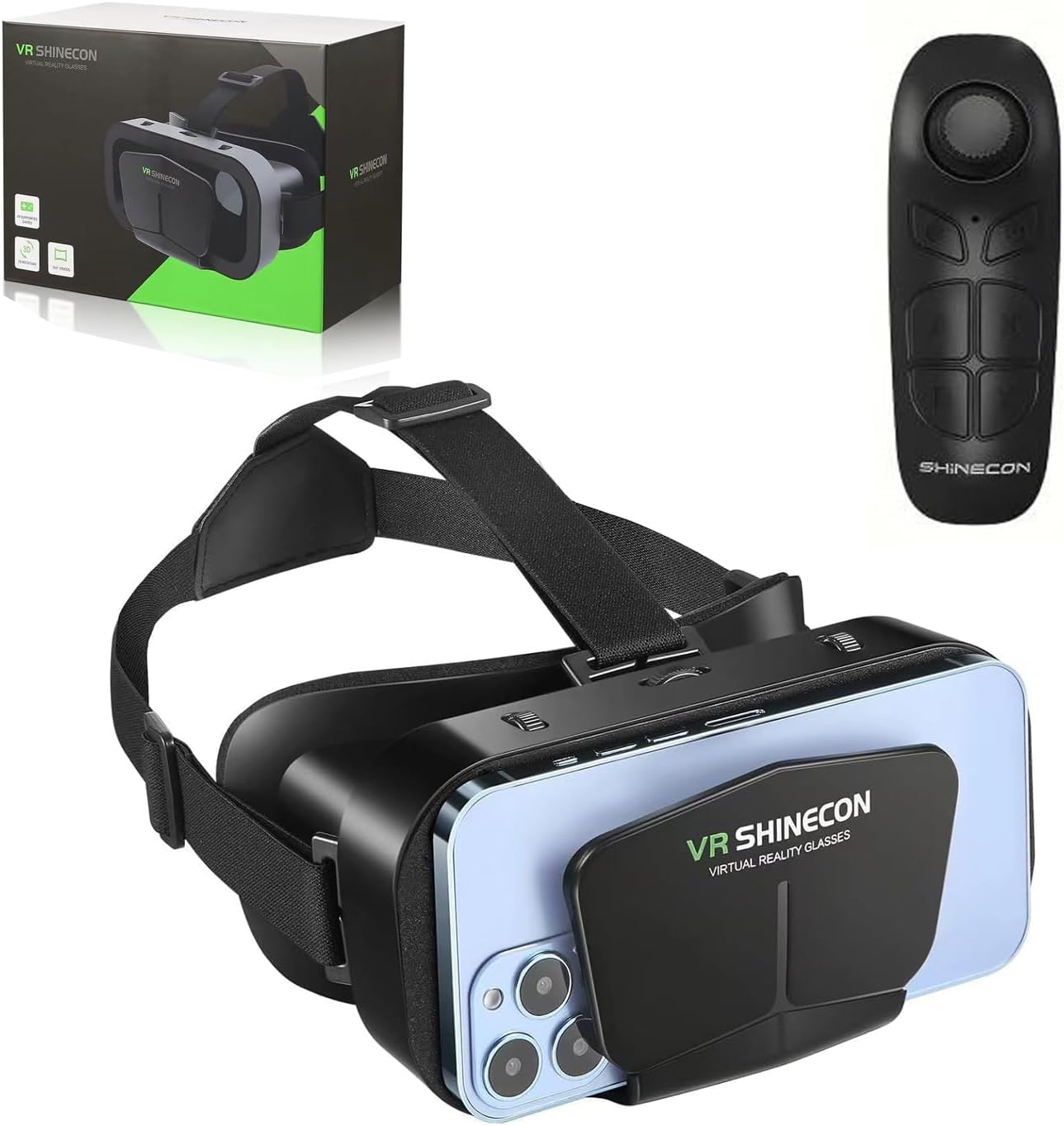 VR Headset with Controller for iPhone and Android Phones, 3D Virtual Reality Glasses, Adjustable Goggles for Movies and Games4.7-6.5 Inch Smartphones (Controller Bundle – Black)