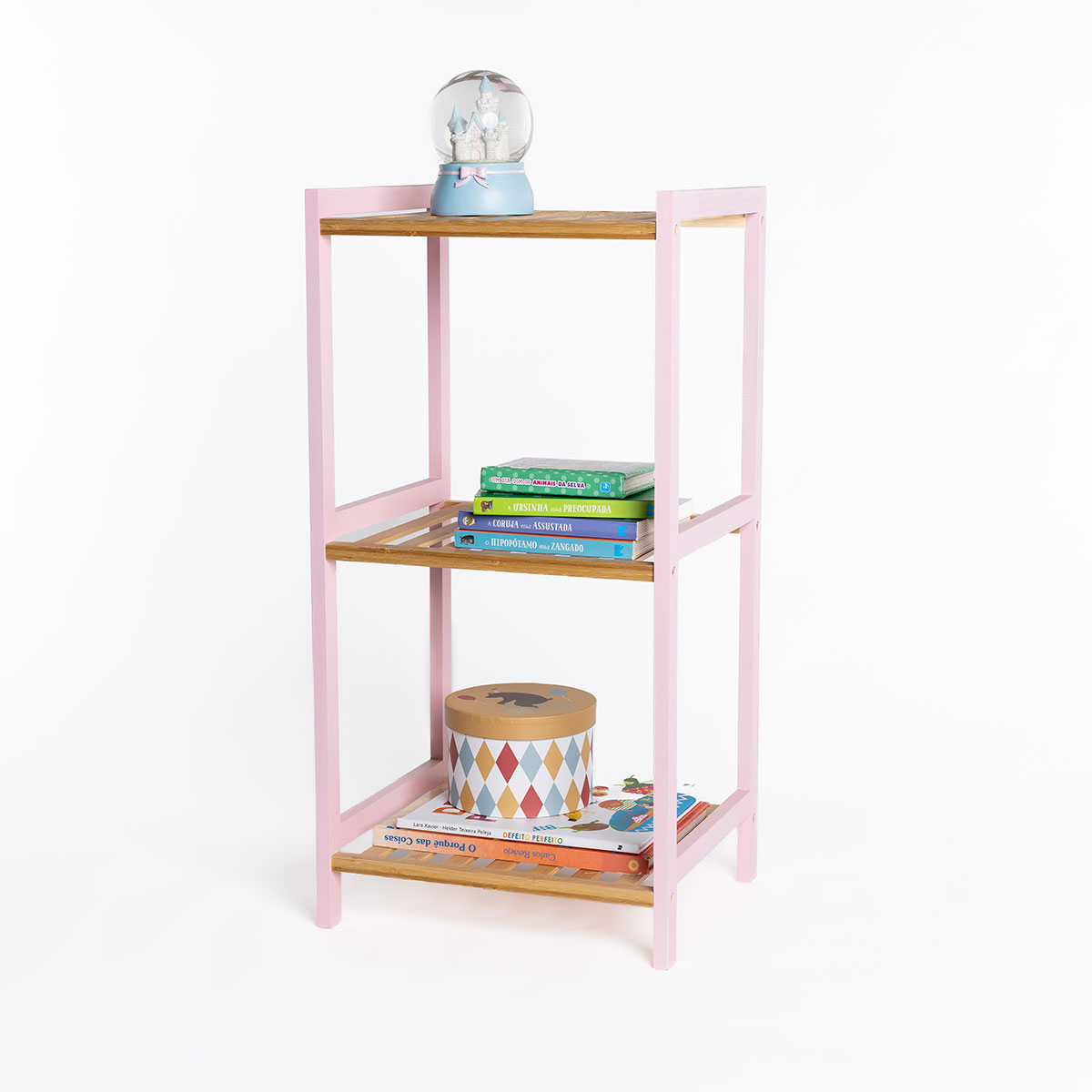 Estante com 3 prateleiras rosa em bambu 70cm