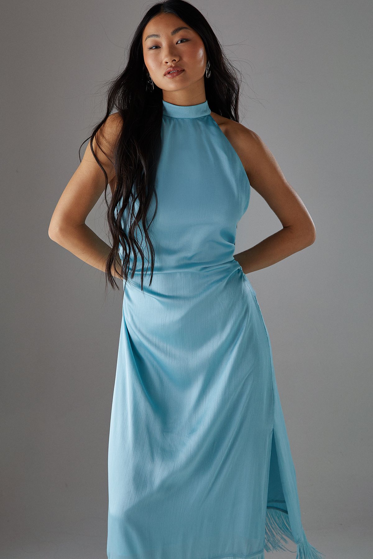 Warehouse Petite Crinkle Satin Halter Fringe Midi Dress