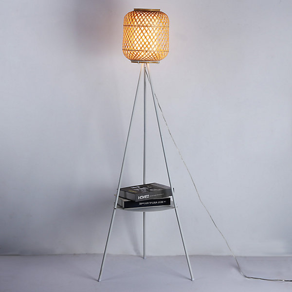 Lampe sur pied trépied en aluminium avec abat-jour en bambou et diffuseur avec plateau pour salon chambre E27