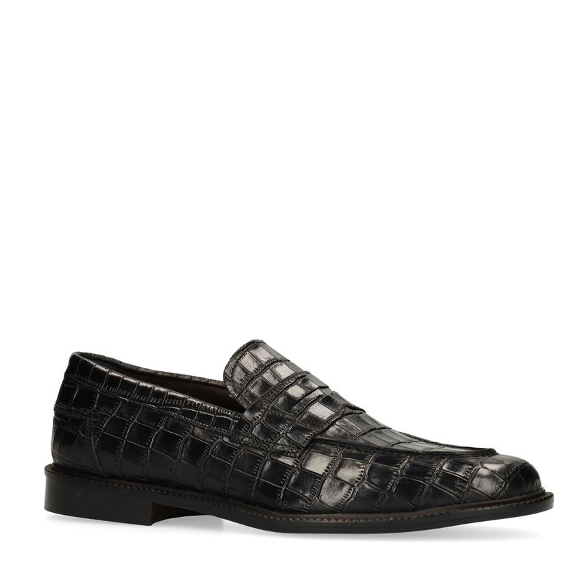Manfield Zwarte leren croco loafers