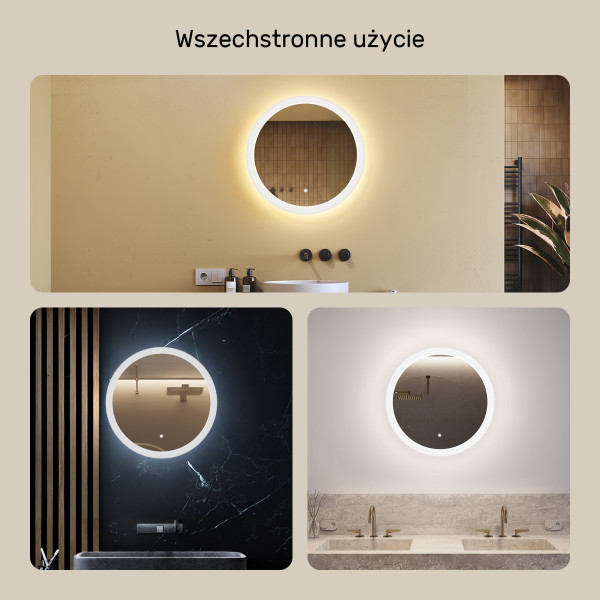 Lustro łazienkowe okrągłeLED, 60cm, dotykowy włącznik, dual led