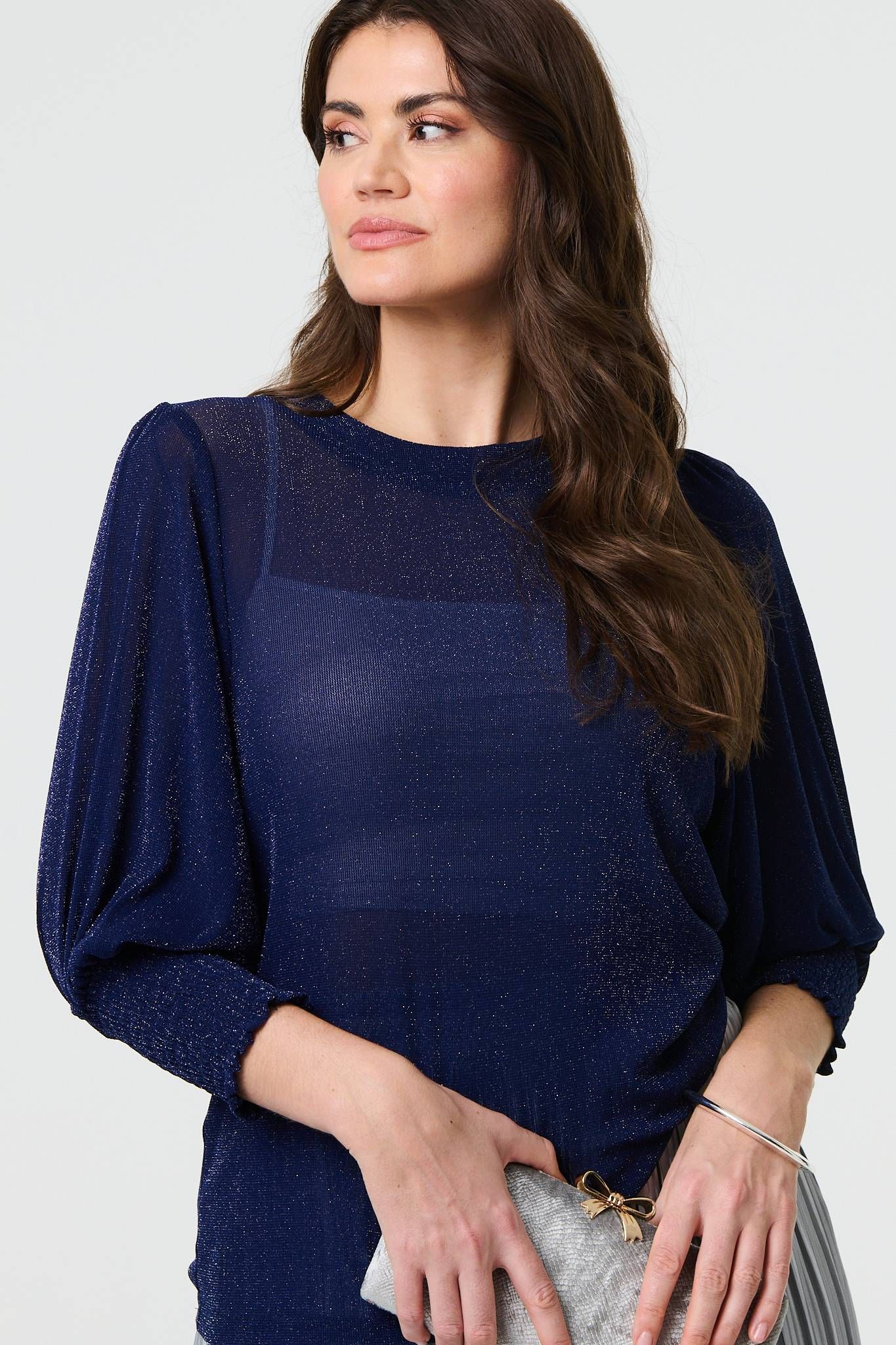 Izabel London Sparkly 3/4 Puff Sleeve Mesh Top