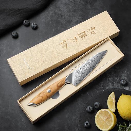 NNEOBAFlagship Series 5-Inch Utility Knife 73-Layer Powder Damascus Steel Brown