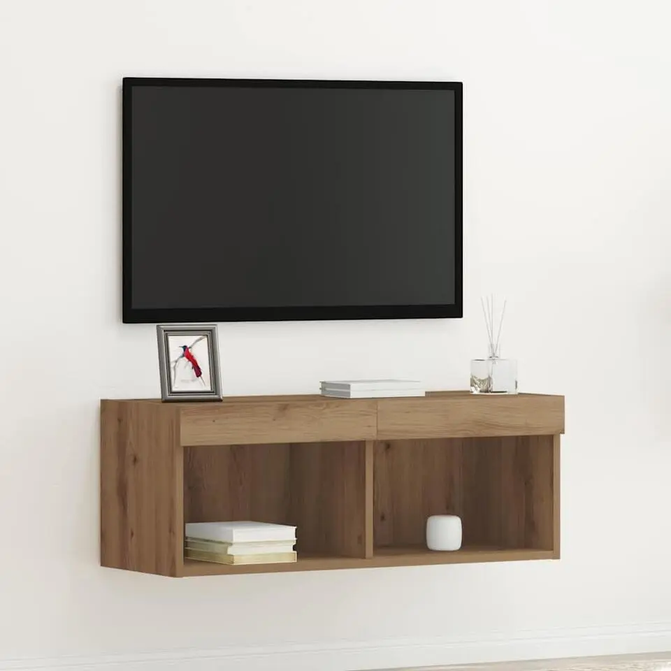 vidaXL - Zwevend LED TV-meubel met 2 vakken - Artisanaal eiken - 80x30x30 cm