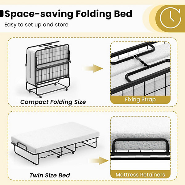 Lit Pliant pour 1 Personne 95x190CM, avec Matelas en Mémoire 10 cm - Cadre en Métal à roulettes Verrouillables