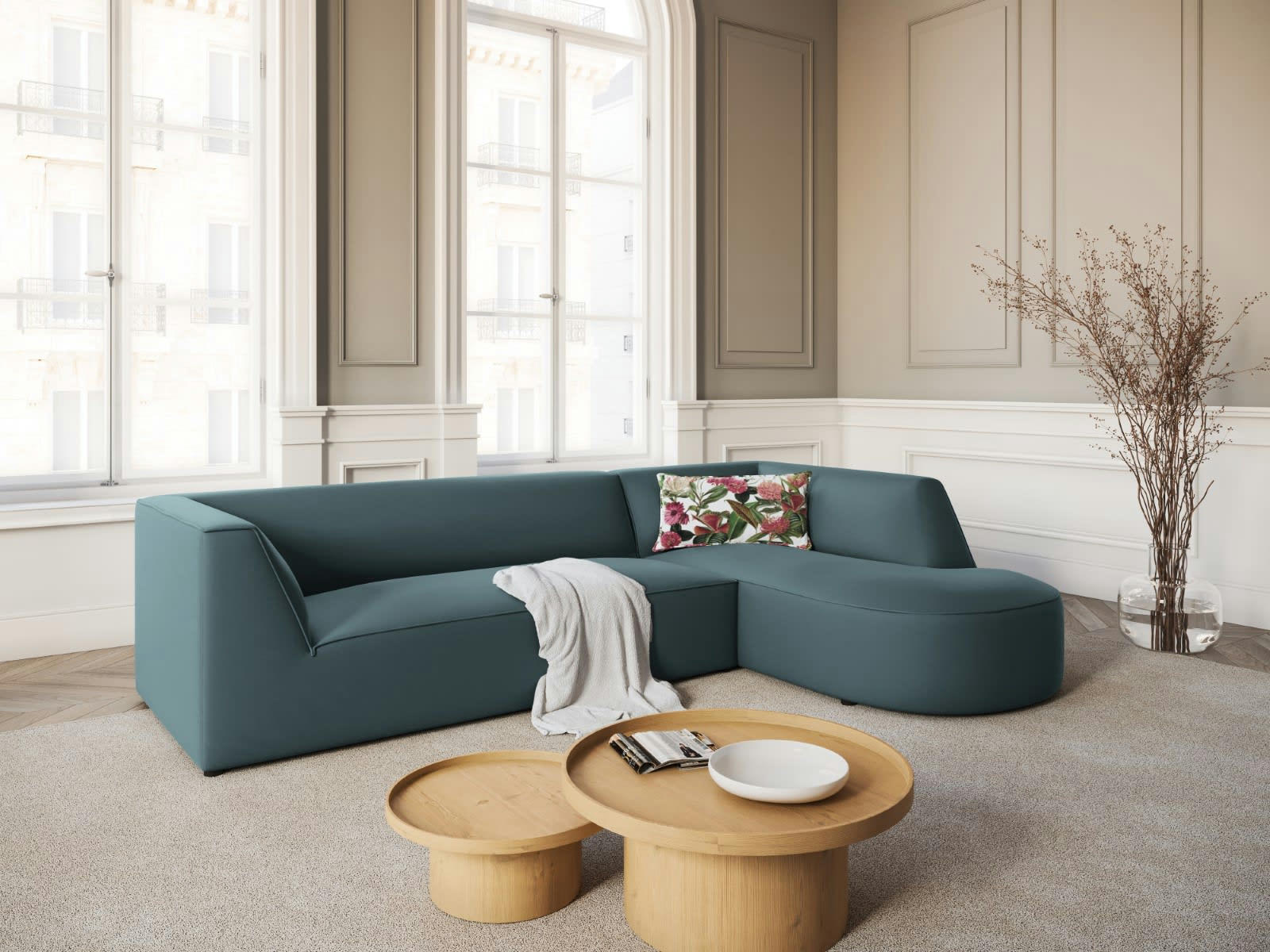 CHARLES - Canapé D'Angle Droit 4 places en Velours Bleu