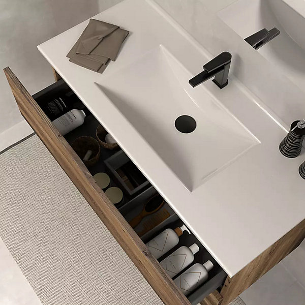 Meuble sous vasque seul, 2 tiroirs, 80cm, simple vasque - tabaco (chêne foncé) - LUNA