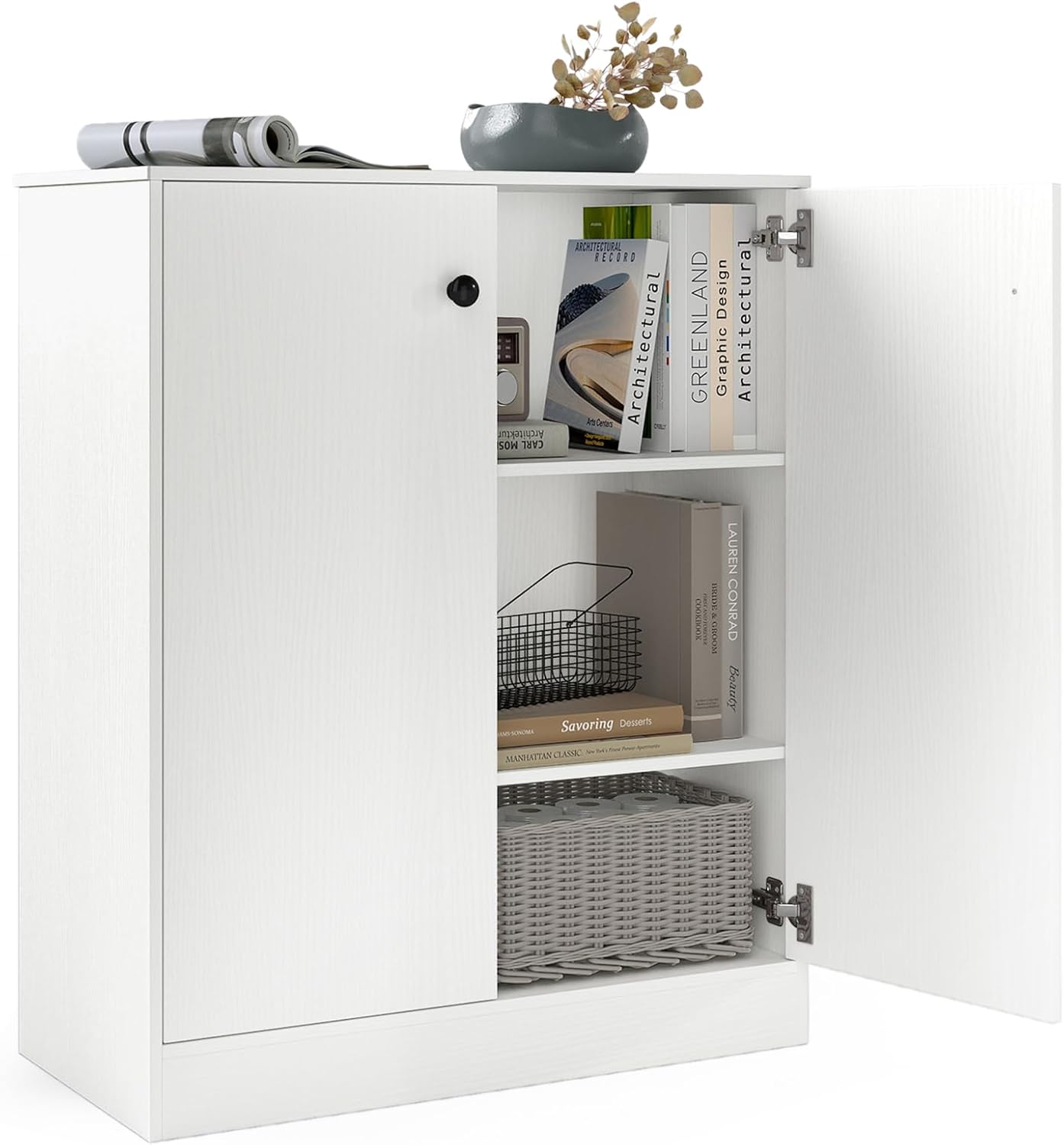 Giantex 2 Door Storage Base Cabinet - Freestanding Floor Cabinet with 3-Tier Shelf, 28” x 13.5” x 33.5”, Non-Slip Foot Pads, Kitchen Cupboard Storage Organizer for Living Room, Entryway, Office