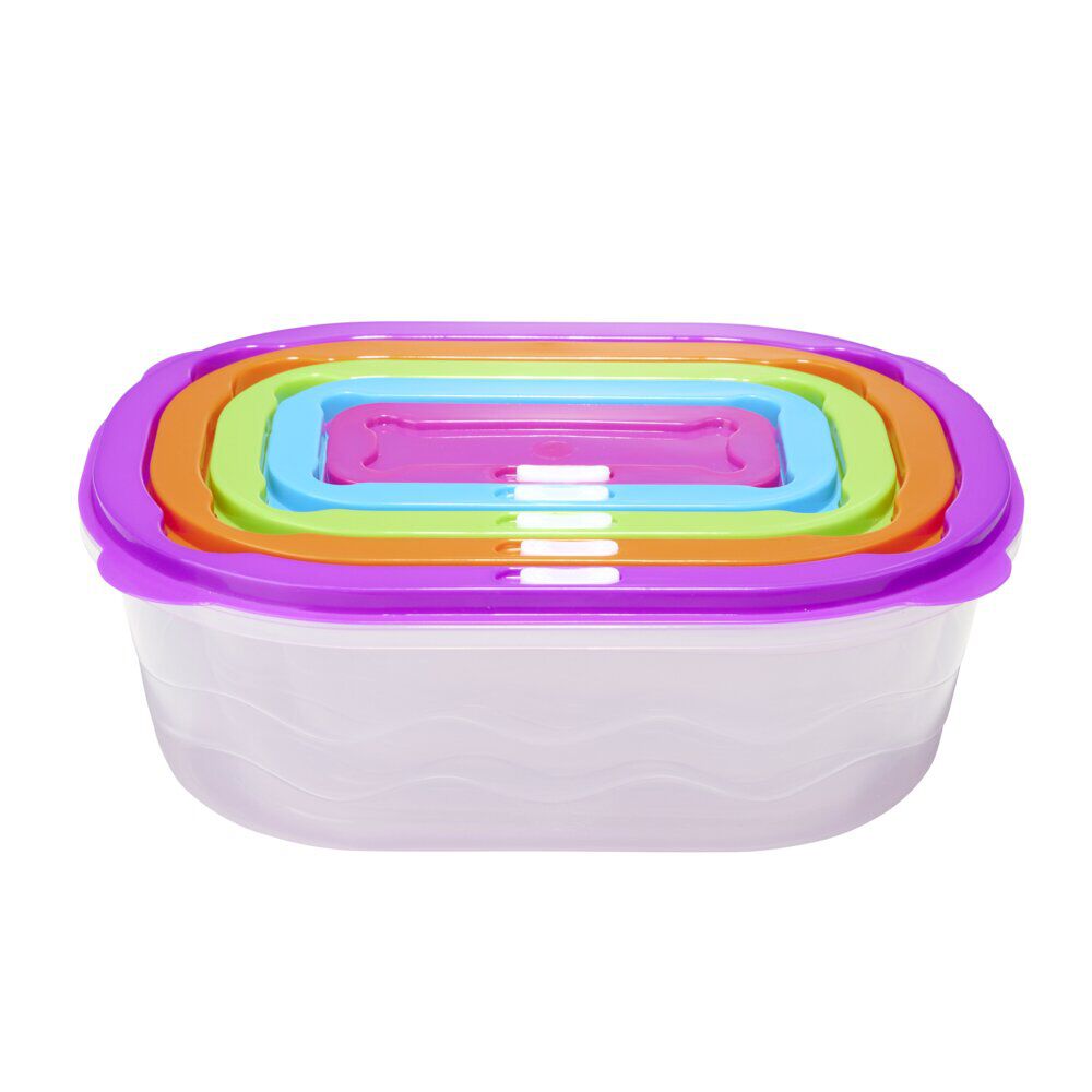 BoÎte alimentaire x5 emboÎtable plastique couvercle multicolore 27x19xH9,5cm