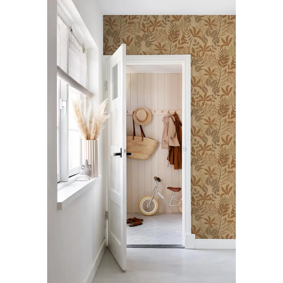 ESTAhome behang bladeren donker beige en terracotta - 50 x 900 cm