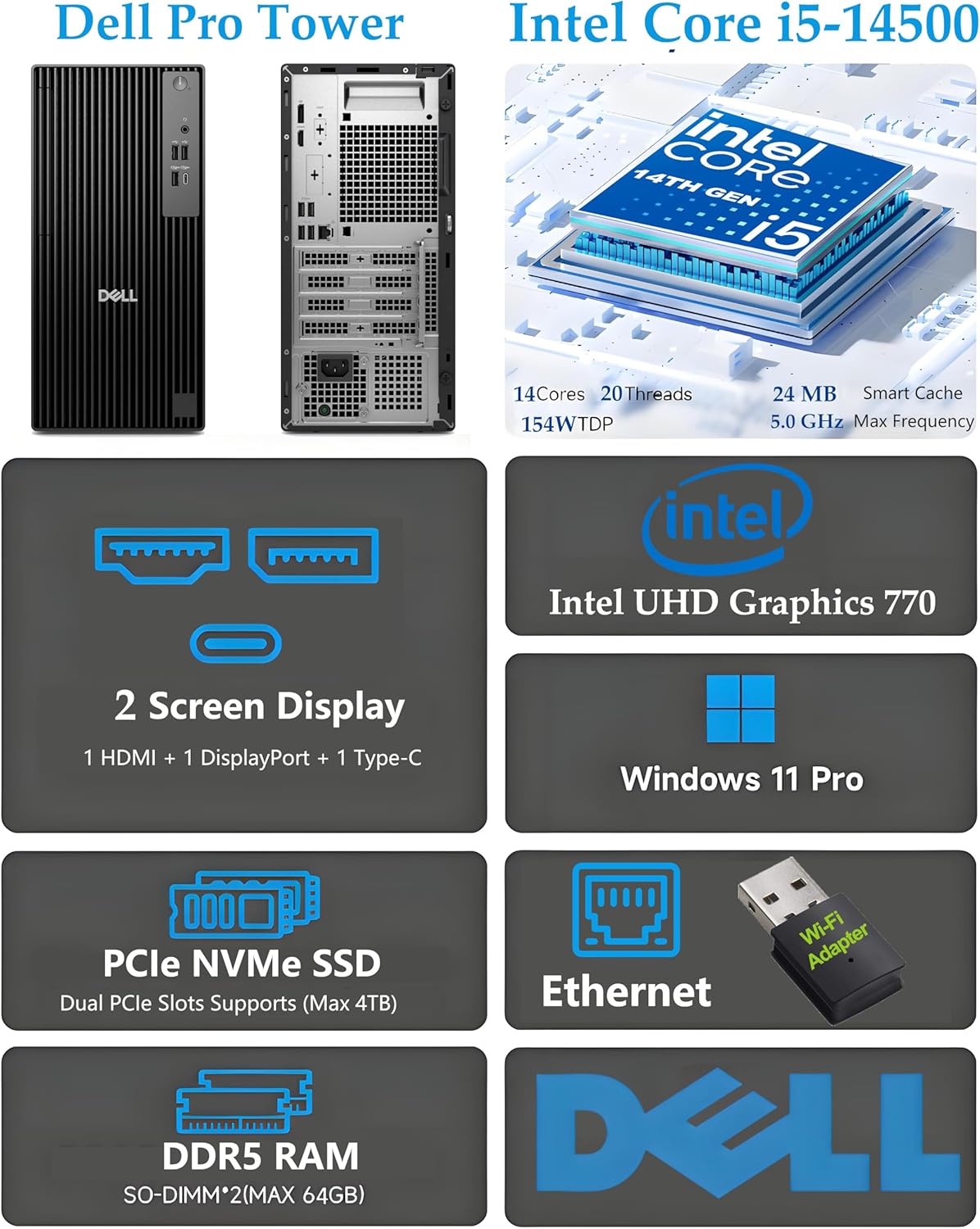 Dell Tower Desktop Computers (Next Gen OptiPlex)  14th Gen Intel 14-Core i5-14500 up to 5.0GHz  16GB DDR5 RAM  512GB PCIe SSD  Type-C  HDMI + 1 DisplayPort  Windows 11 Pro