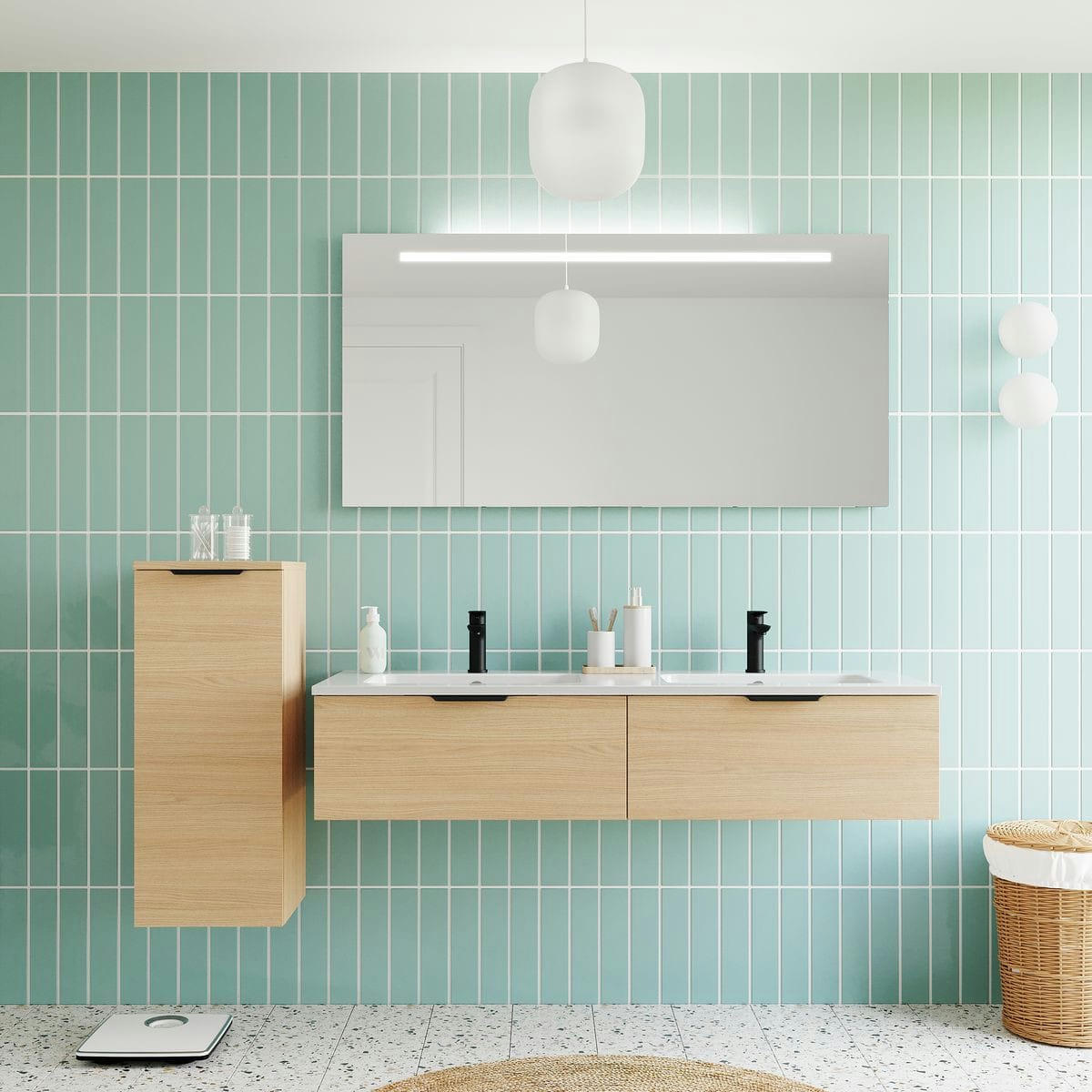 SOHO - Meuble salle de bain double vasque 140cm 2 tiroirs Chêne