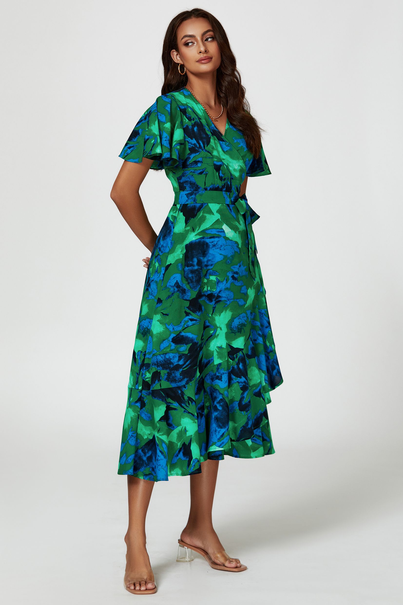 FS Collection Abstract Print Midi Wrap Dress In Green