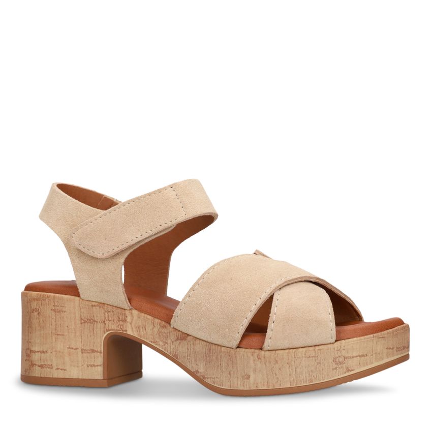 Manfield Beige suède sandalen met blokhak