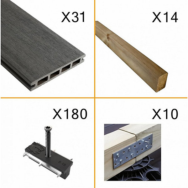 Kit Terrasse Composite NAVIA 10m² - Gris Foncé - 31 Lames de Terrasse (220 x 14.5 x 2.2 cm) - Fixation par Clips