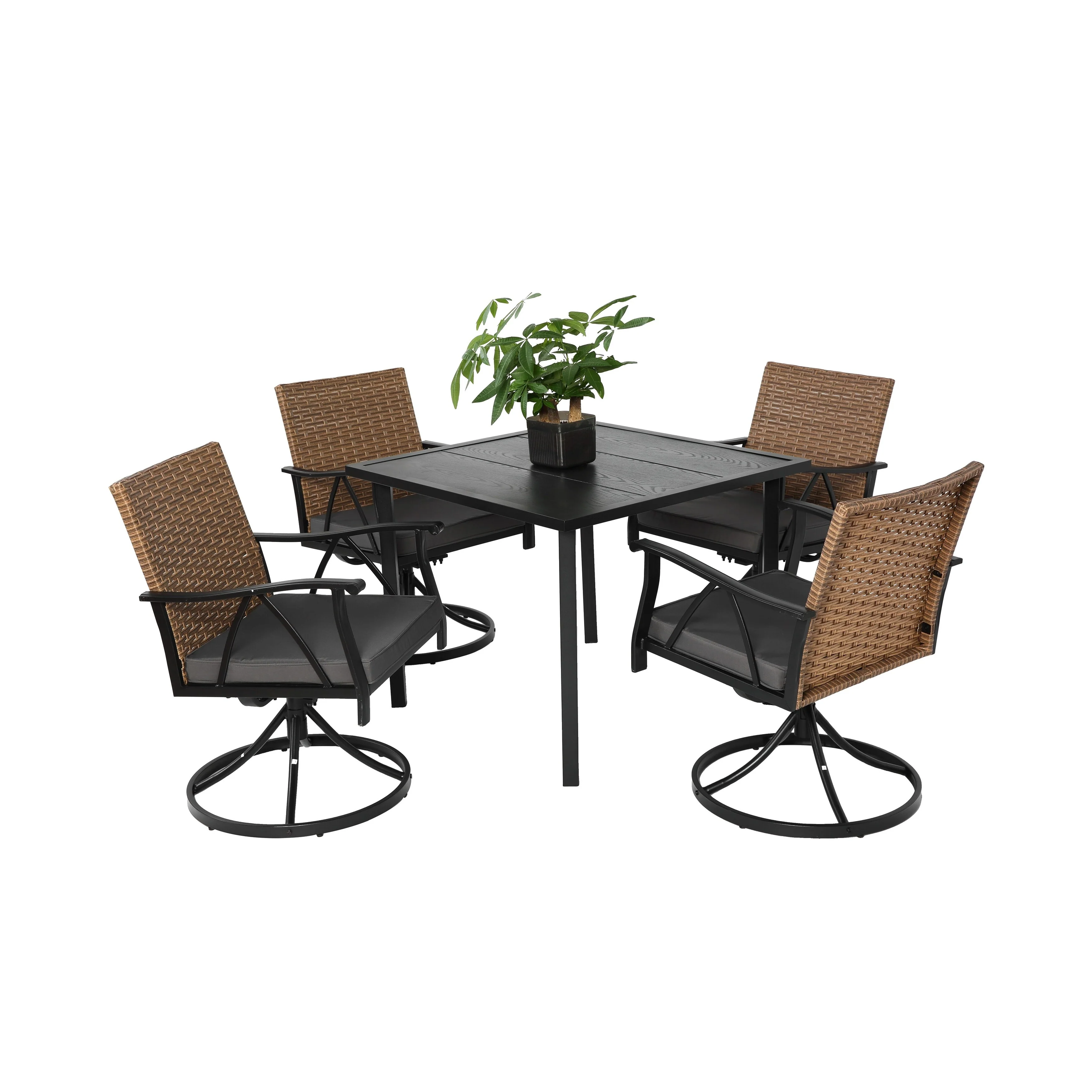 5 Piece Patio Dining Set for 4,Outdoor Wicker Furniture Set for Backyard Garden Deck Poolside with 4 Cushions Swivel Roc