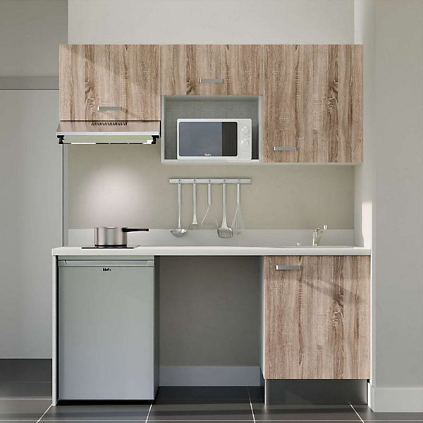 Kitchenette K55 - 180 cm - façades Bois - Plan monobloc en quartz coloris Snova évier à droite - Electroménager Inox