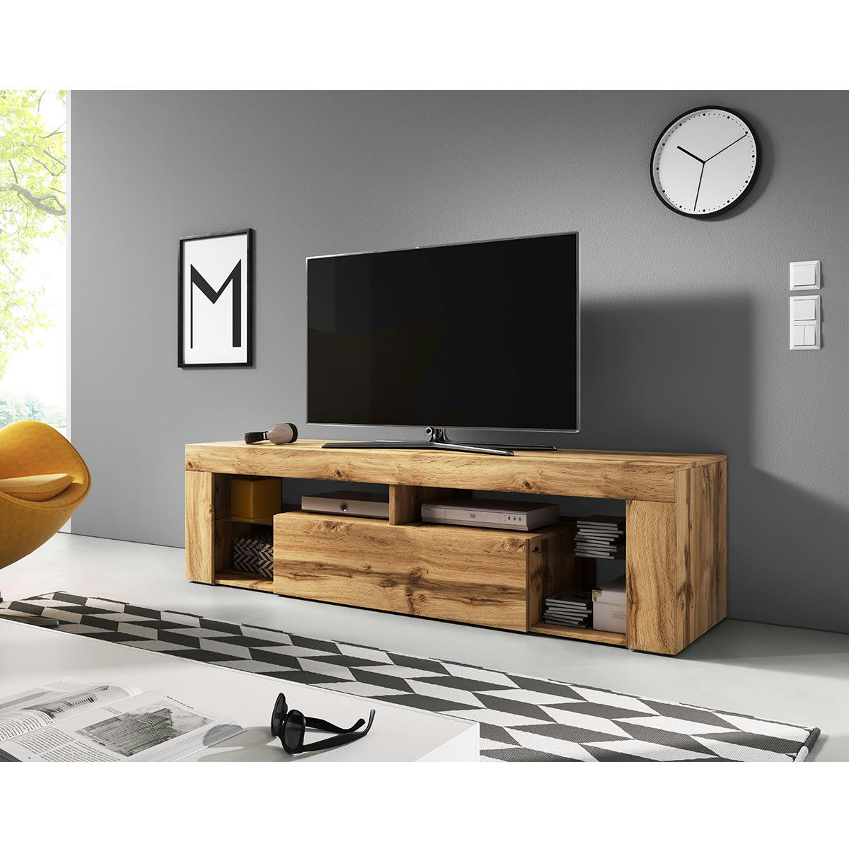 - Meuble tv 1 porte 140 cm naturel