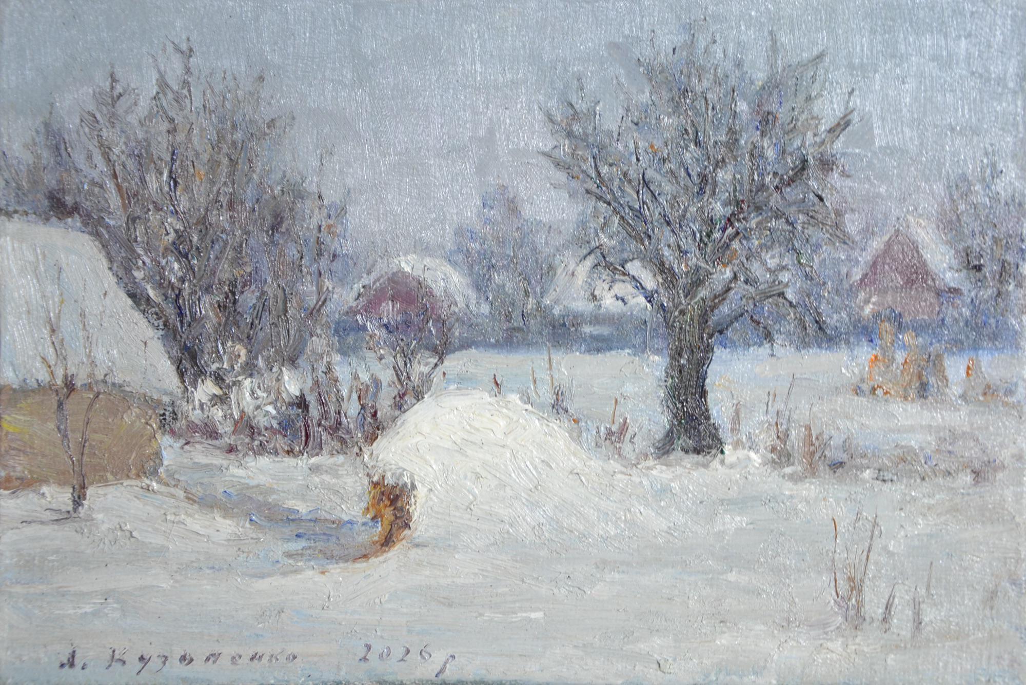 Winter Rural Landscape, Original Oil Painting, Snowy Village Cottage Canvas Artwork, Signed Impressionist Art