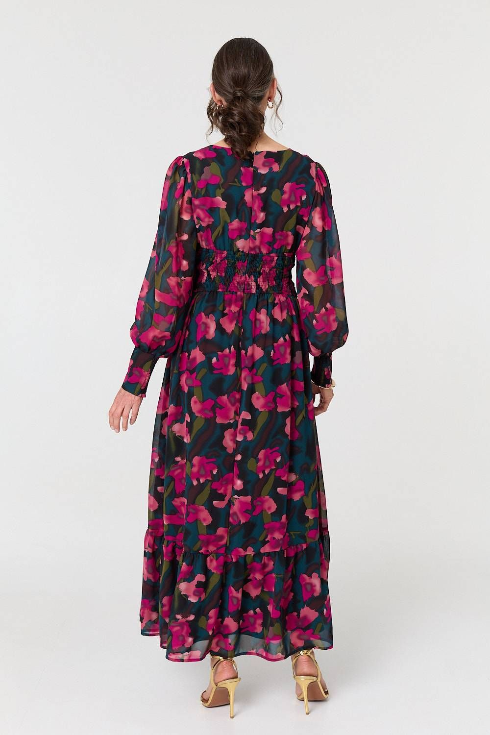 Izabel London Floral Ruched Long Sleeve Maxi Dress