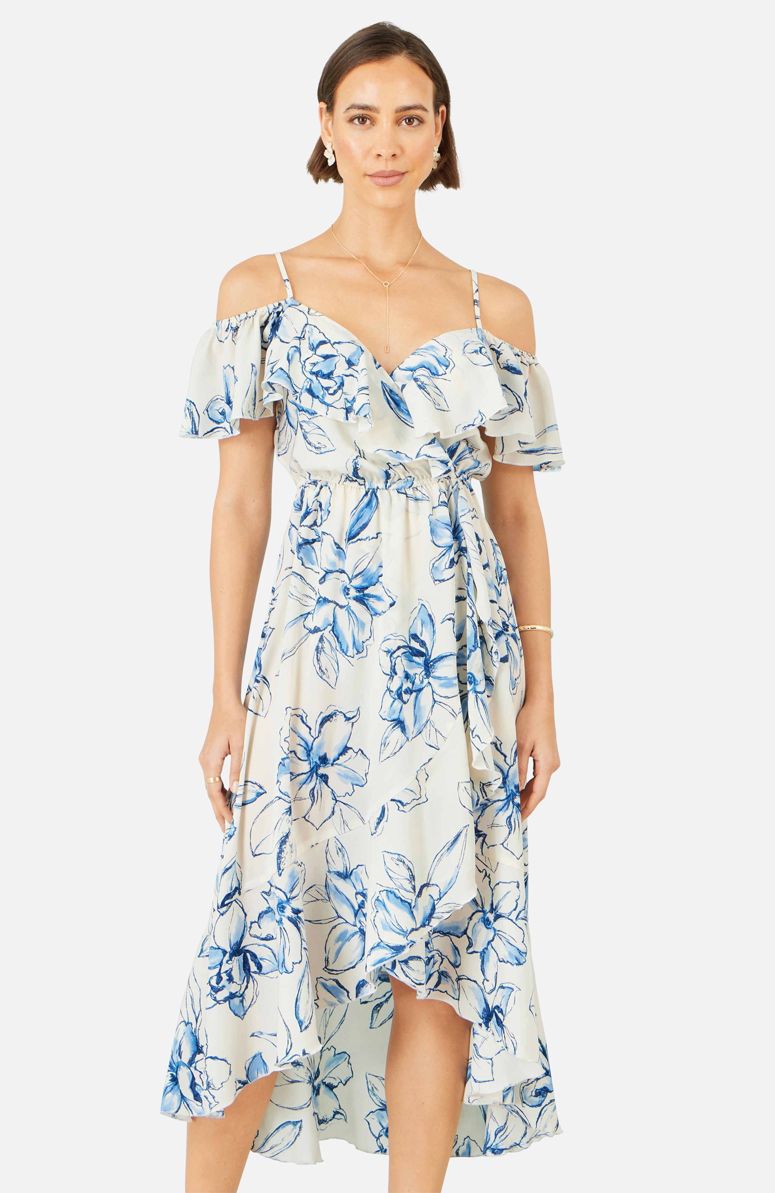 Yumi Ivory Floral Print Bardot Midi Dress With Dip Hem
