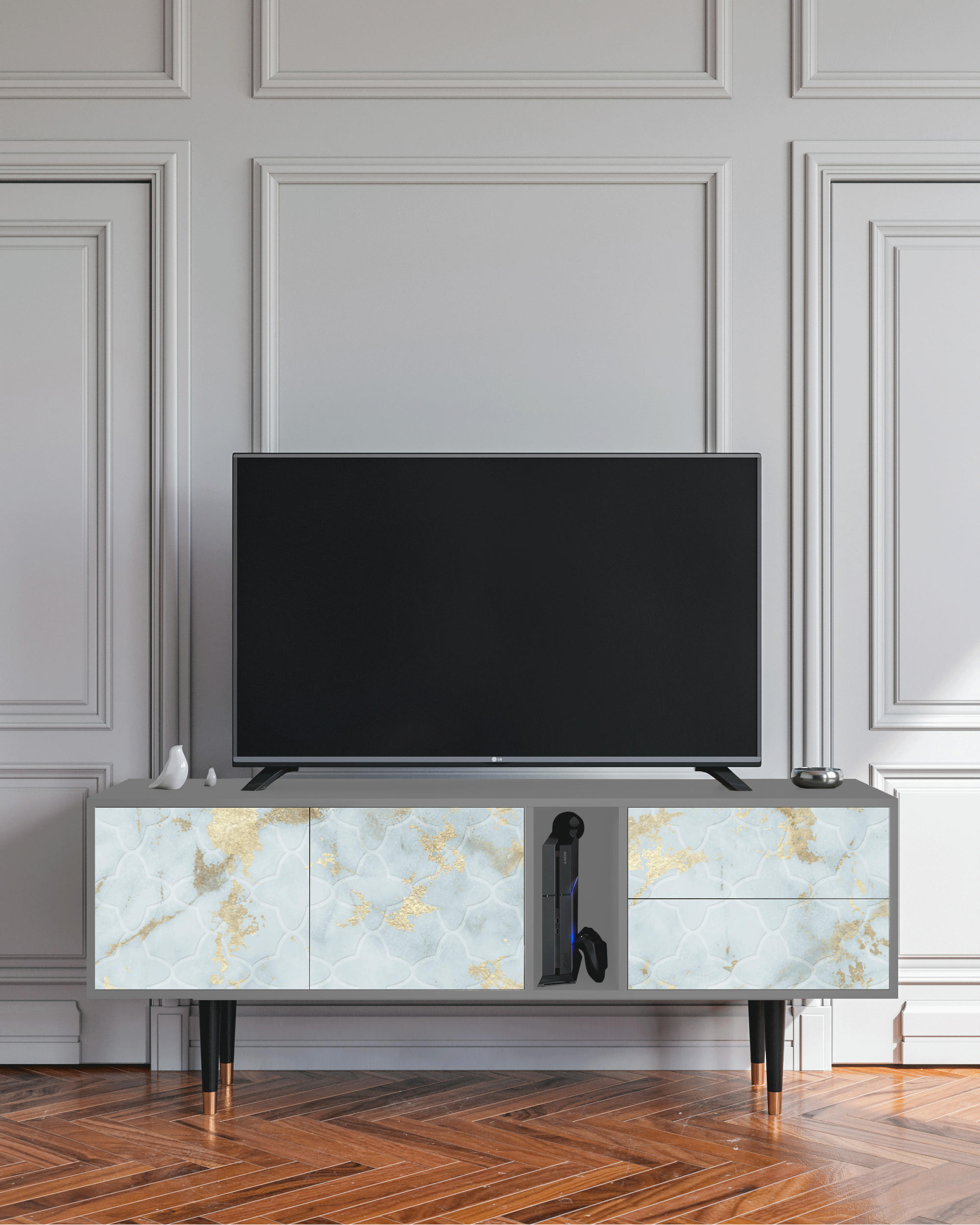 GOLDEN WAVES - Meuble TV  blanc clair 2 tiroirs et 2 portes L 170 cm