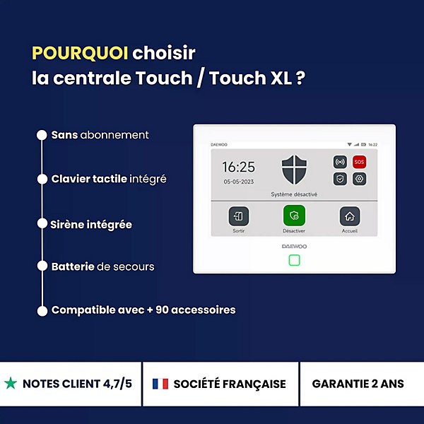 Daewoo - Alarme maison sans fil avec écran tactile 7'' AM350 livrée avec 1 caméra et 9 accessoires - Sans abonnement - Application