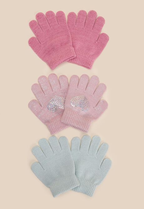 Younger Girls 3pk Sequin Lurex Knit Gloves