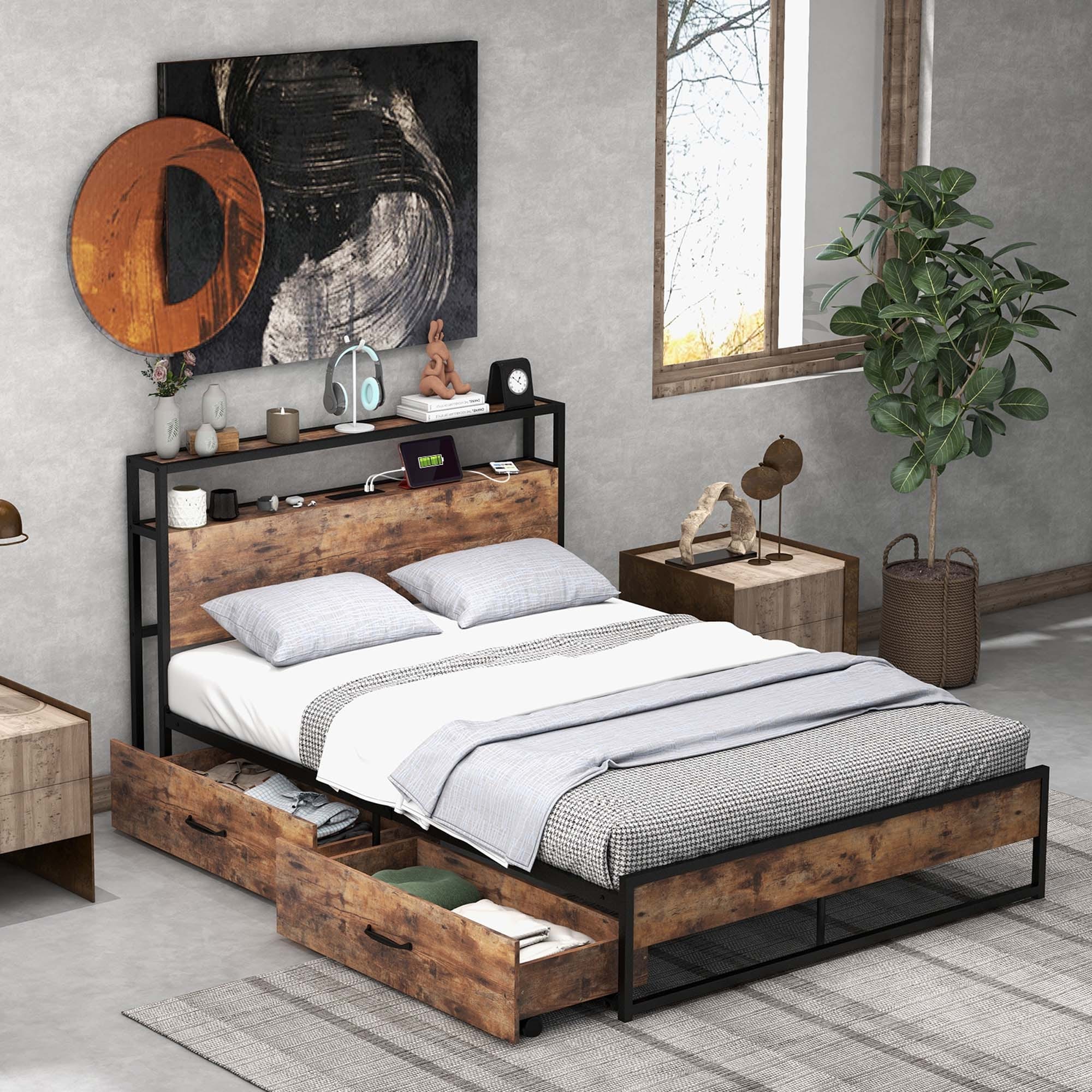 Costway Full/Queen Industrial Platform Bed Frame with Drawer Storage