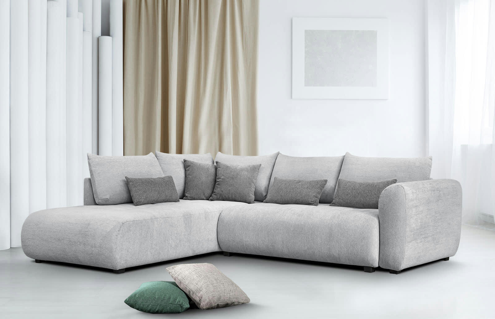 SORENO - Canapé d'angle gauche 5 places gris clair avec le couchage