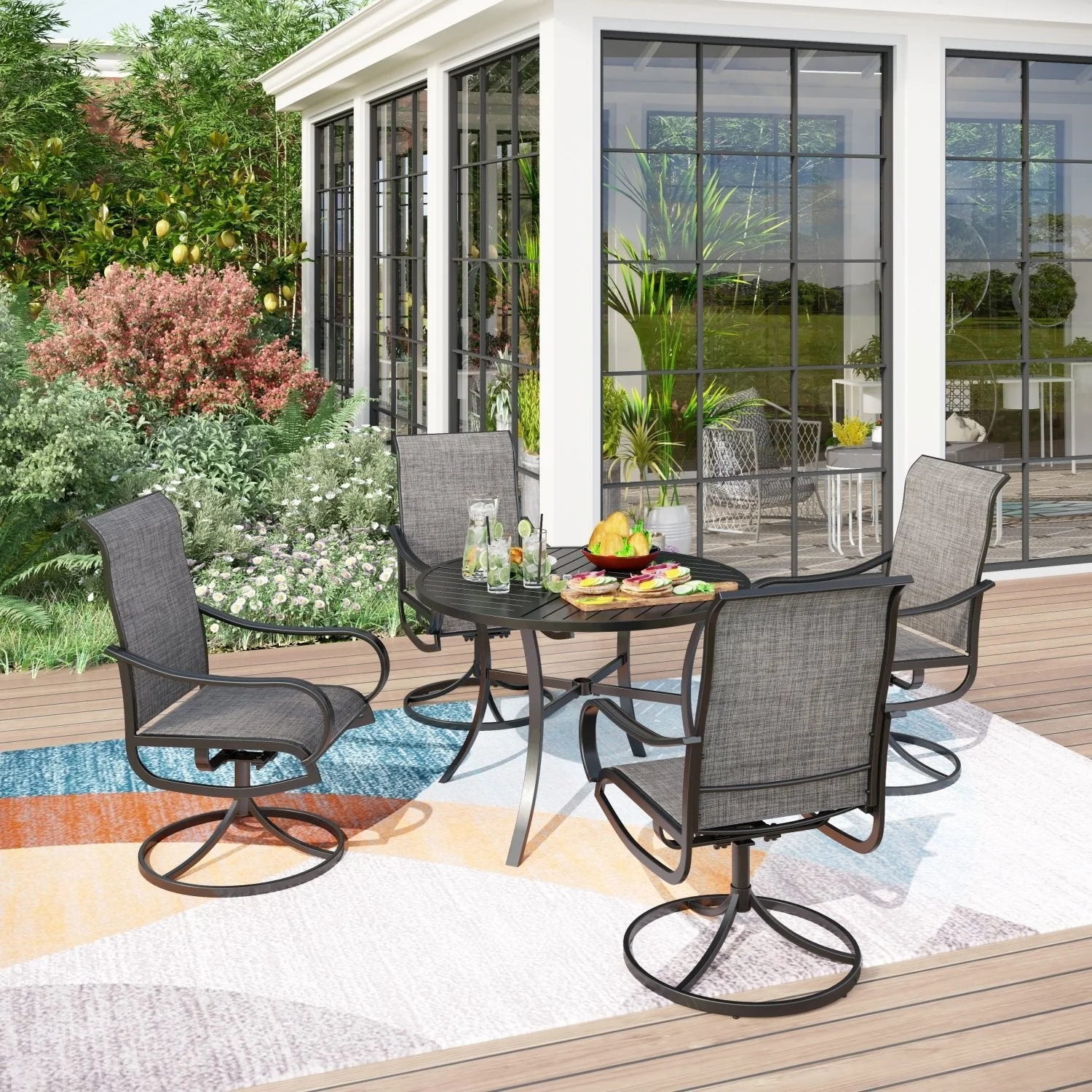 MAISON ARTS 5-Piece Patio Dining Set of 4 Sling Swivel Chairs and 1 Round E-coating Dining Table with Umbrella Hole