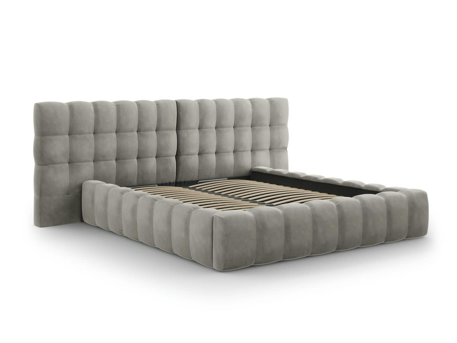 MAMAIA - Lit coffre en avec tête de lit double 180x200cm velours gris clair