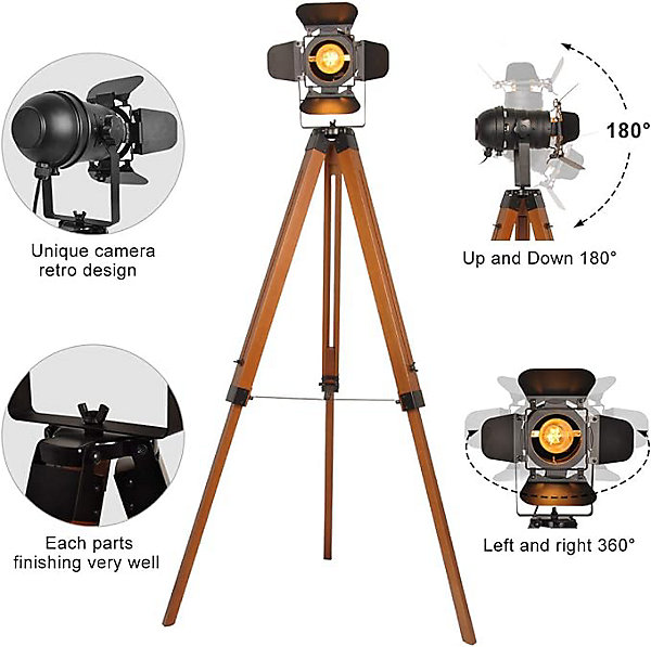 Lampe sur Pied Cinema Trépied Bois avec Projecteur Orientable Noir Style Rétro Industriel Marin pour SalonStudio E27