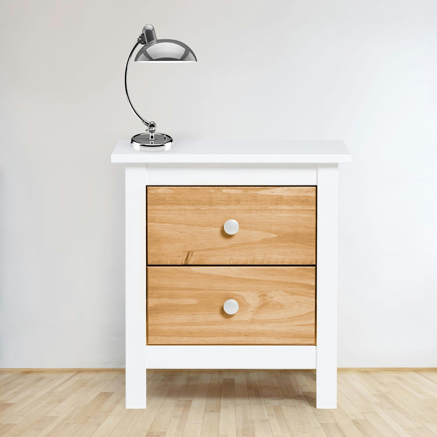 BONNIE - Table de chevet blanc 2 tiroirs, fabriqué en bois de pin massif