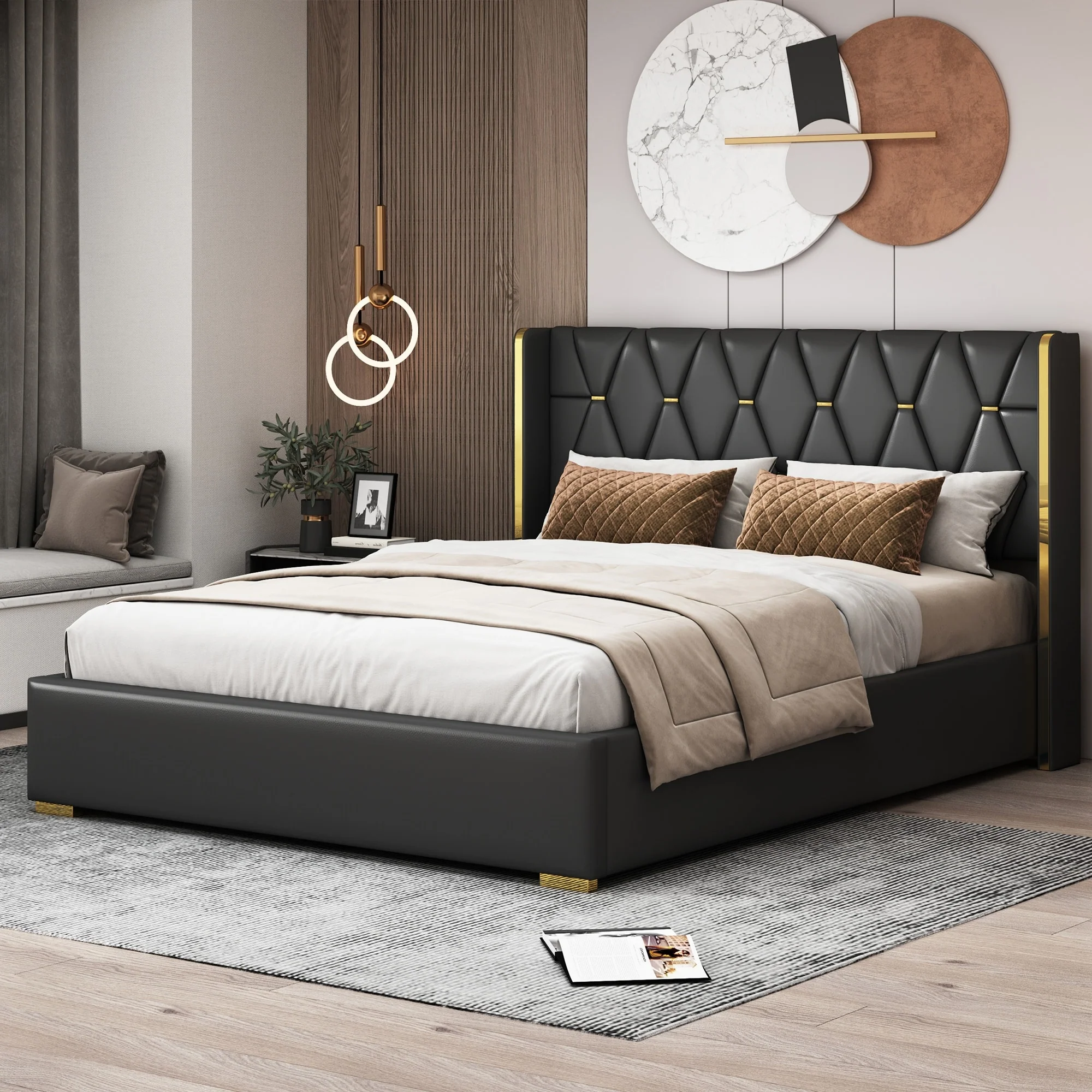 Contemporary Full Size PU Upholstered Platform Bed with Wooden Frame and Slat Support
