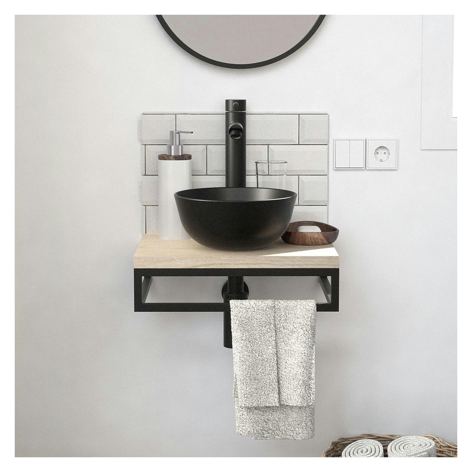 SOHO - Meuble lave-mains  plan fin et porte serviette dessous vasque noire