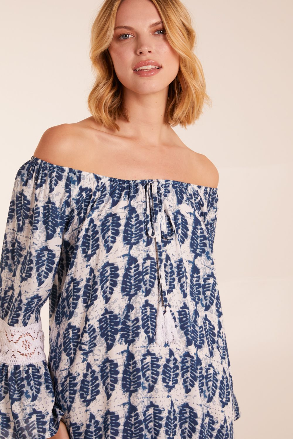 Blue Vanilla Leaf Print Scoop Neck Dress