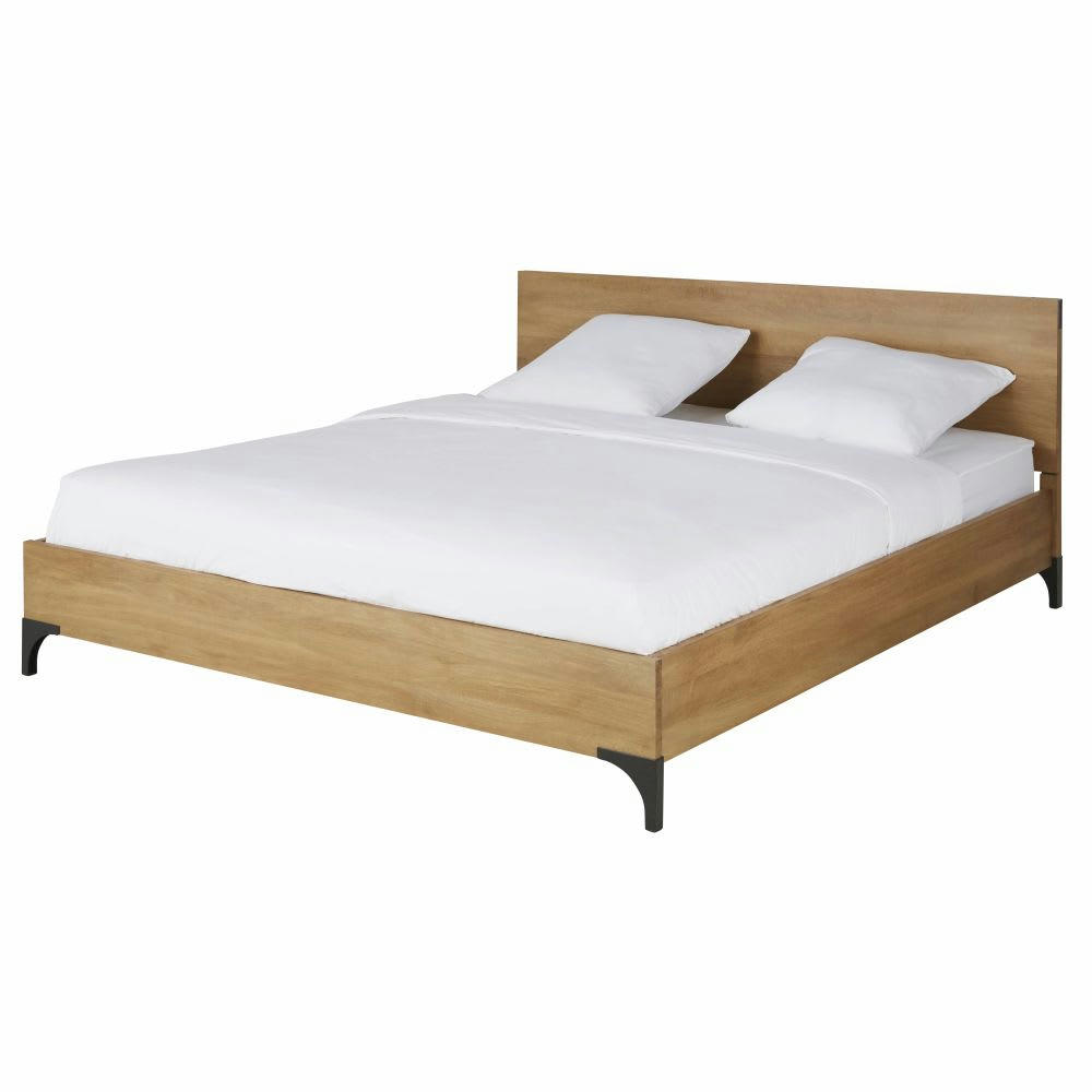 Metropolis - Lit 180x200 en bois de manguier massif, acacia et métal grisé