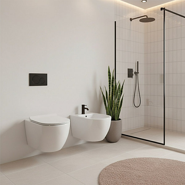 Paire de Sanitaires Suspendus Bent Rim - Cuvette   Bidet Rimless Blanc Brillant - Abattant Soft-Close