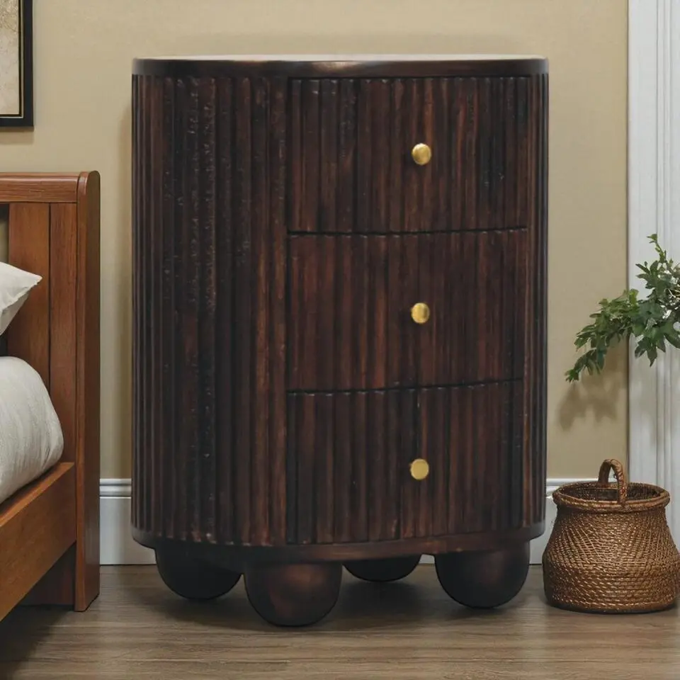 Massief Hout Gebogen Geribbelde Nachtkastje, 3 Lades, Donkerbruin