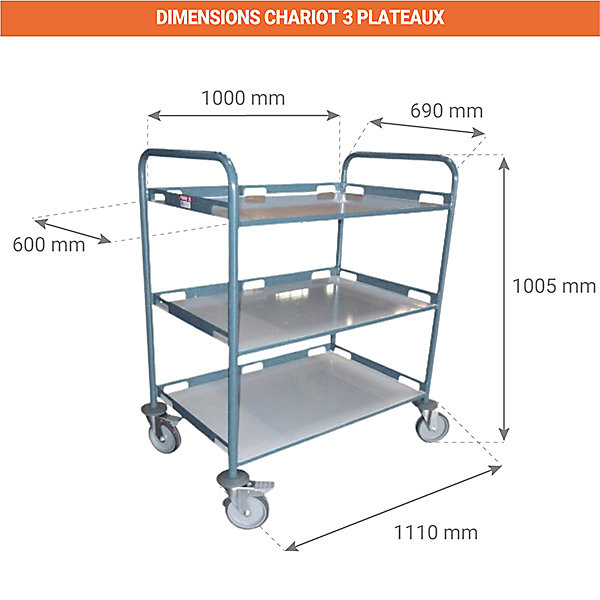 Desserte pour cantine - 3 plateaux 1000x600 mm - 880008992/RAL7024
