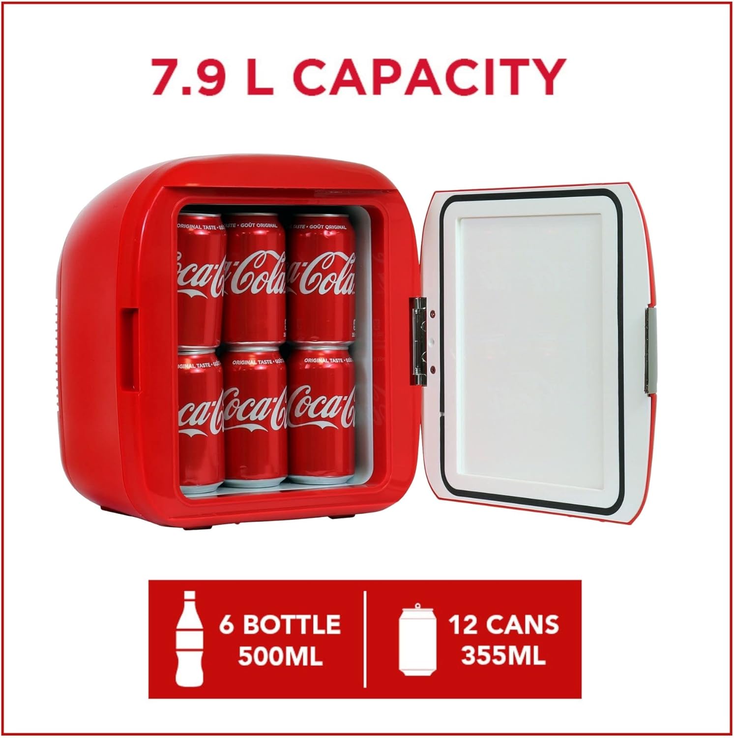 Coca-Cola Heritage Portable 12 Can Thermoelectric Mini Fridge Cooler Warmer 7.9 L/ 8.3 Quarts Capacity, 12V DC/110V AC for home, dorm, office, beverages, snacks, skincare, cosmetics, medication
